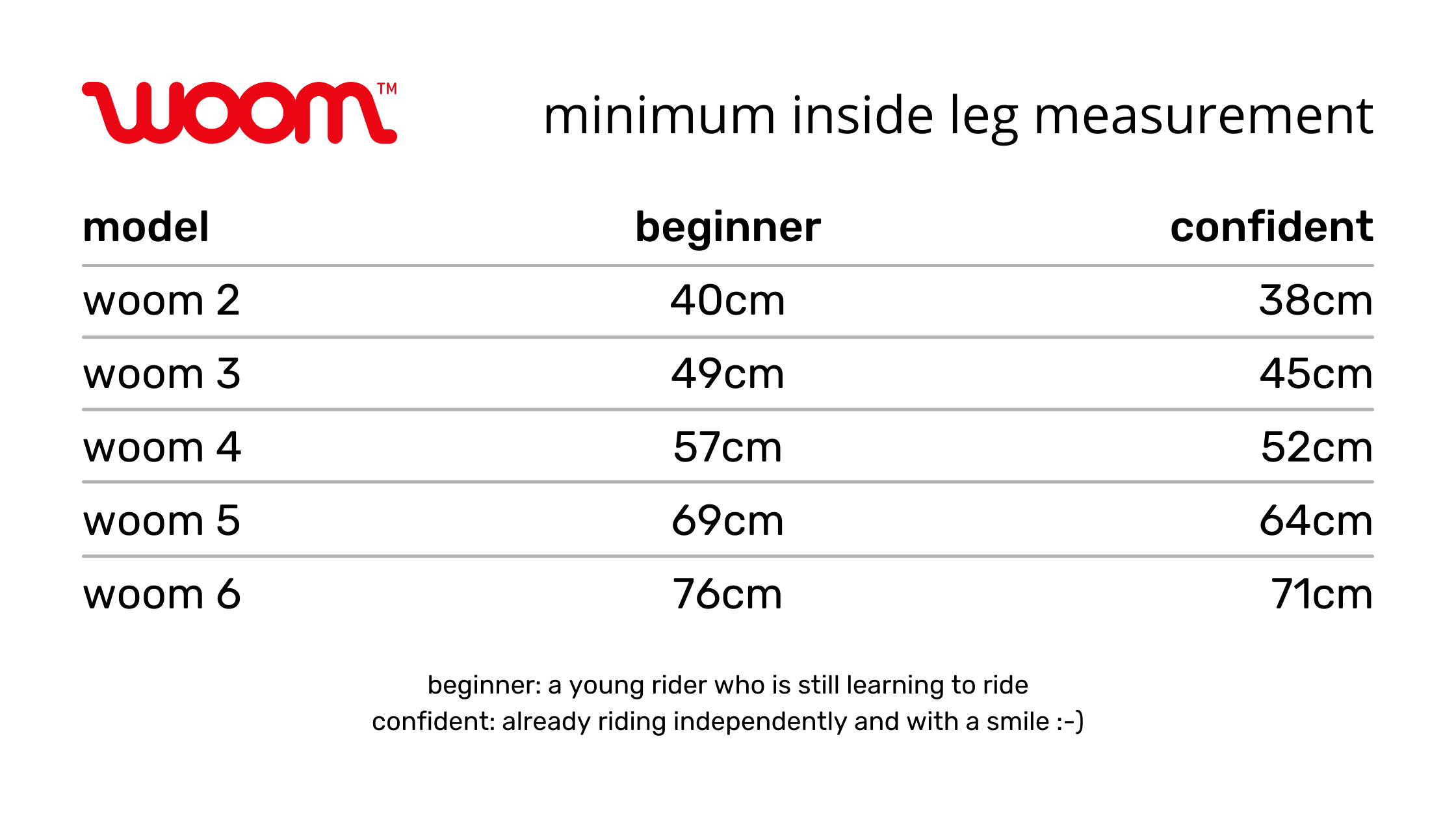 Woom 2025 size chart